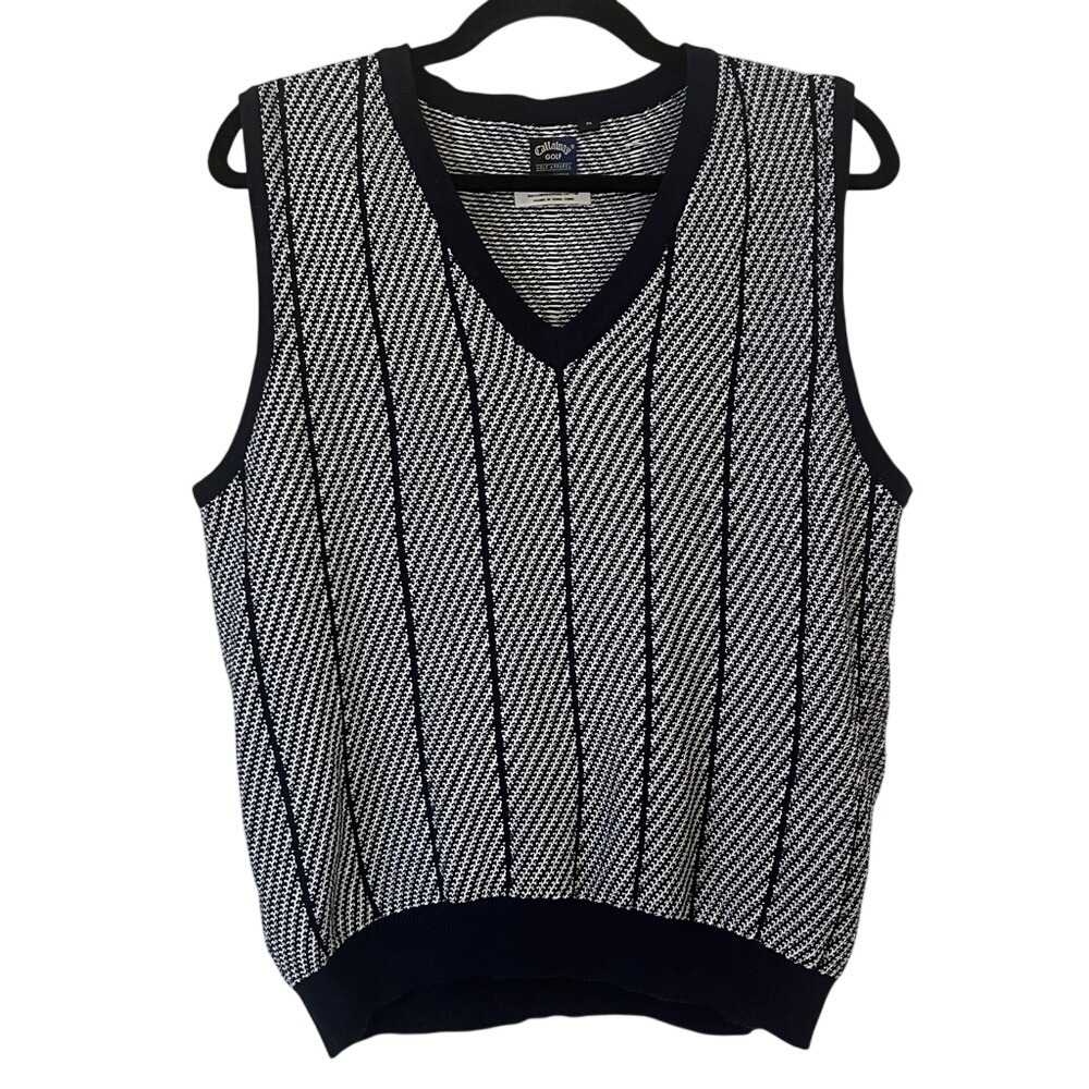 VTG Callaway V-Neck Cable Knit Sweater Vest in Navy and White Stripe Sz M